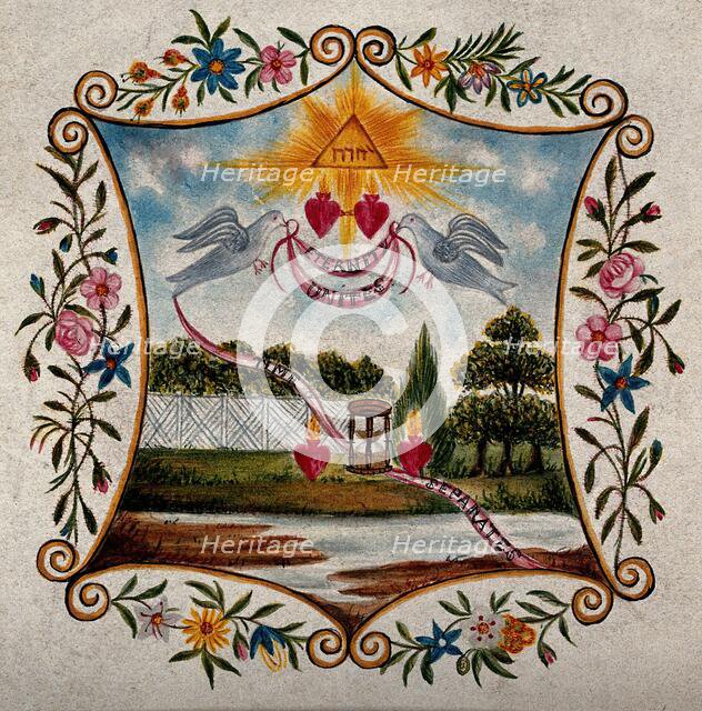 Two Sacred Hearts in a landscape, united by two doves, separated by an hour glass. Creator: Unknown.