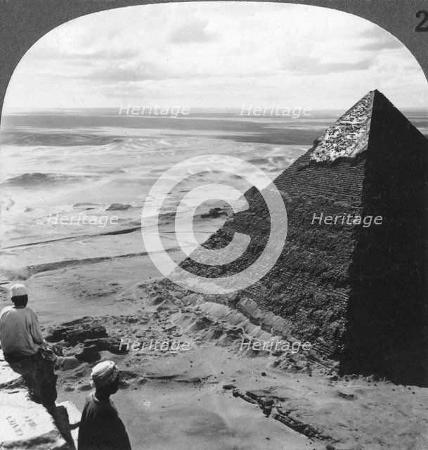'The Second Pyramid, showing part of the original covering, Egypt', 1905.yramid, Egypt, c1900. Artist: Underwood & Underwood