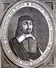 René Descartes (1596 - 1650), French philosopher and scientist, original engraving of Principia P…