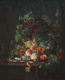 Arrangement with wine glasses, oysters, lemon and other fruits, 1848. Creator: Carl Balsgaard.