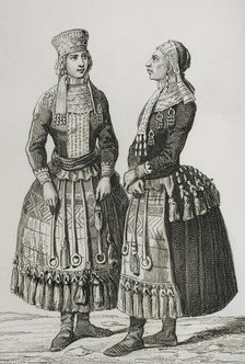 Mordvin women wearing traditional costumes, 1839. Creator: Augustin François Lemaitre.