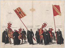 Plate 33: Men with heraldic flags and horses from Mechelen and Salins marching in the fune..., 1623. Creator: Cornelis Galle I.