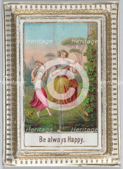 Mechanical box-shaped greeting card: dancing and bucolic scene, Cupid brings bouquets..., ca. 1875. Creator: Anon.