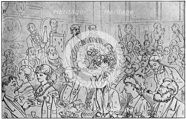 Charles Dickens presiding at the Newsvendors' Dinner, 5th April 1870 (1912). Artist: Unknown
