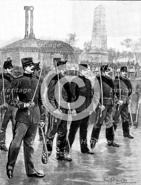 The Degradation of Captain Dreyfus in Paris: on his way to the prison van, 1895. Creator: P Naumann.