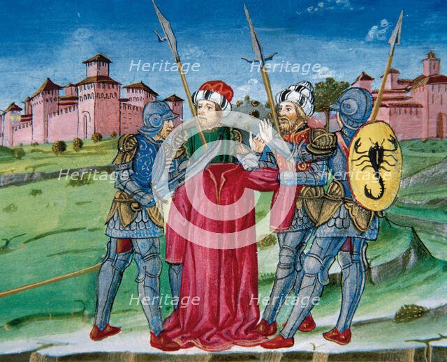 Miniature depicting soldiers raffling the tunic of Jesus, 1476.  Creator: Cristoforo De Predis.