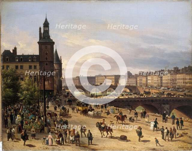 Flower market, the Clock Tower, the Pont au Change and the Pont-Neuf, 1832. Creator: Giuseppe Canella.