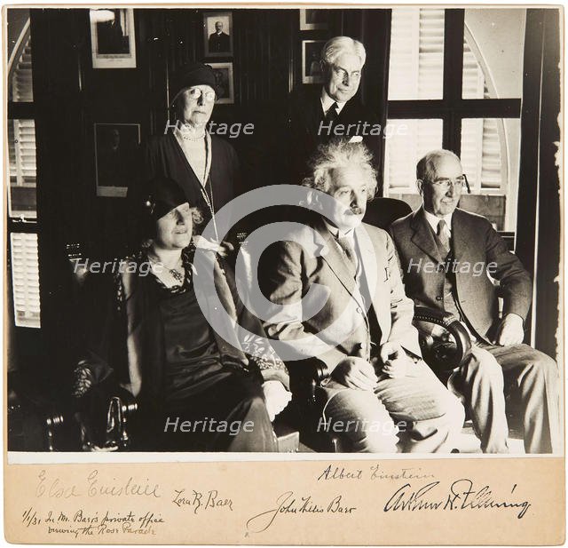 Albert and Elsa Einstein, John and Lora Baer and Arthur H. Fleming, Pasadena, 1 January 1931, 1931. Creator: Anonymous.