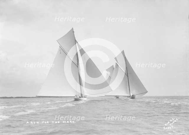 A run for the mark: the 19-metre class 'Octavia', 'Corona' & 'Mariquita', 1912. Creator: Kirk & Sons of Cowes.