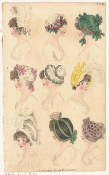 Magazine of Female Fashions of London and Paris, No.28: London Head Dresses, 1798-1806. Creator: Unknown.