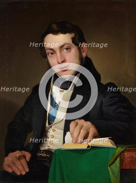 Seated young man in black frock coat, 1835. Creator: Eduard Ritter.
