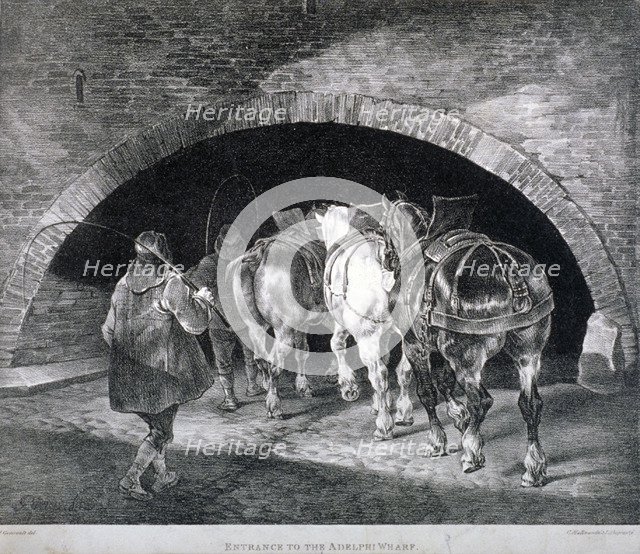 Entrance to the Adelphi wharf showing work horses and two men, Westminster, London, c1850. Artist: Charles Joseph Hullmandel