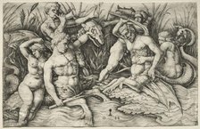 Two Tritons fighting - Battle of the Sea Gods (right portion). Creator: Daniel I Hopfer (German, c. 1470-1536).