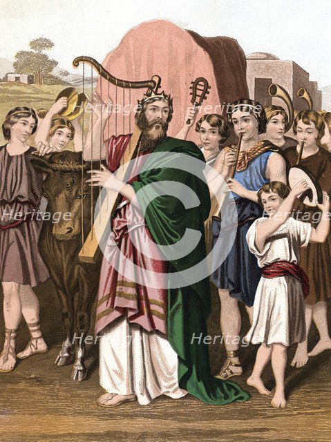 King David playing his harp before the Ark, mid 19th century. Artist: Unknown