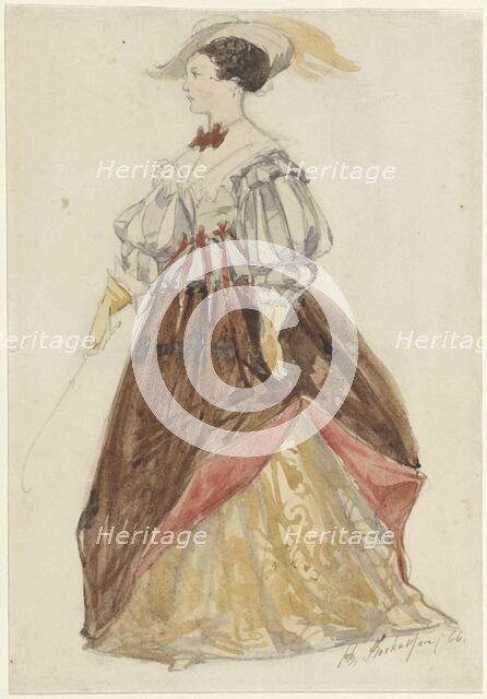 Woman in riding dress, with feathered hat, gloves, and whip in hand, 1866. Creator: Charles Rochussen.
