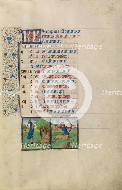 November Calendar Page: Gathering Acorns for Pigs: Sagittarius; Arenberg Hours, early 1460s. Creator: Workshop of Willem Vrelant.