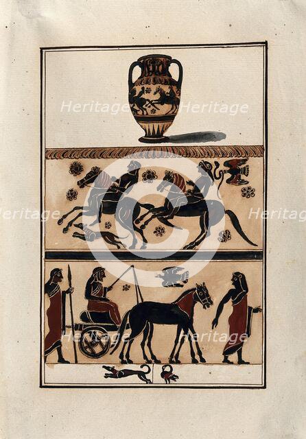 Above, neck-handled black-figured Greek amphora (Corinthian, c550 BC ); centre, detail..., 1760-9. Creator: Augustin Dahlsteen.