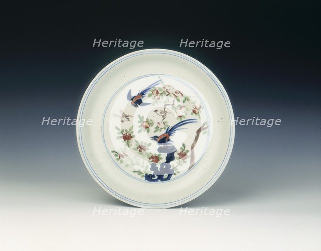 Wucai dish with song birds, Ming dynasty, China, 1573-1620. Artist: Unknown