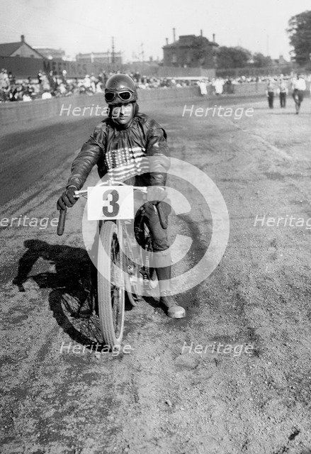 American speedway rider Art Pecha on his Harley-Davidson, Lea Bridge Stadium, Leyton, London, 1928.  Artist: Bill Brunell.