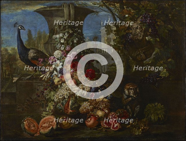 Still life with fruits and flowers in the garden of an Italian villa, Second Half of the 17th cen..