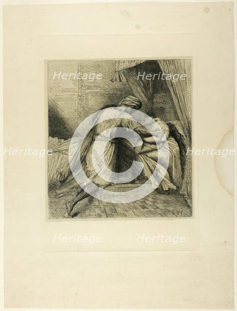 He Smothers Her, plate thirteen from Othello, 1844. Creator: Theodore Chasseriau.