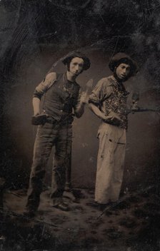 Two Bricklayers Holding Bricks and Trowels, 1870s-80s. Creator: Unknown.