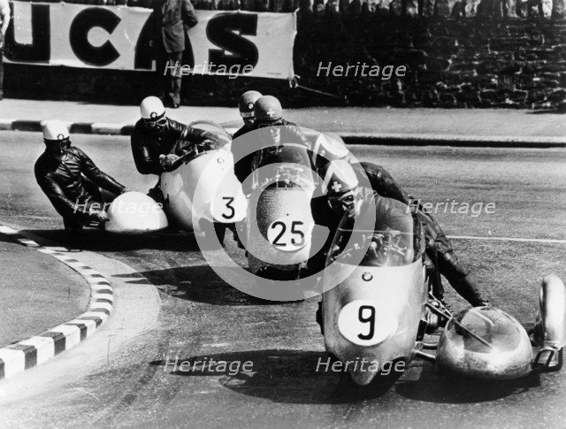 Fritz Scheidegger, Walter Schneider and Helmut Fath competing in a sidecar race, 1959. Artist: Unknown