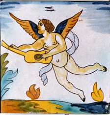Angel playing a guitar,' polychromed Catalan tile.