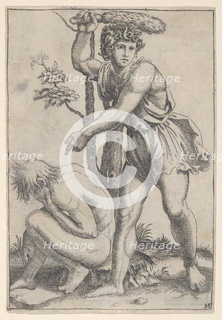 The seated naked man at left being beaten with a fox's tail, ca. 1510-27. Creator: Marcantonio Raimondi.