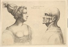 A female with hair tied back and a bald male facing each other, 1645. Creator: Wenceslaus Hollar.