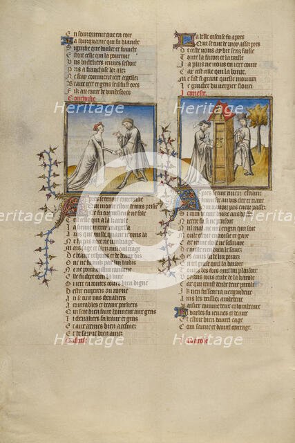 Courtesy with a Knight; Idleness Opening the Door for the Lover; Roman de la Rose, about 1405. Creator: Unknown.
