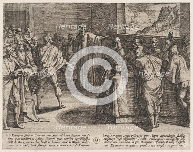 Plate 23: Conference on What Steps to Take Upon the Romans' New Troops Approaching Across ..., 1611. Creator: Antonio Tempesta.