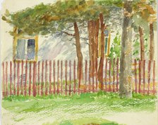 A fence and trees, behind which the wall of a white building breaks up. Creator: Maria Wiik.