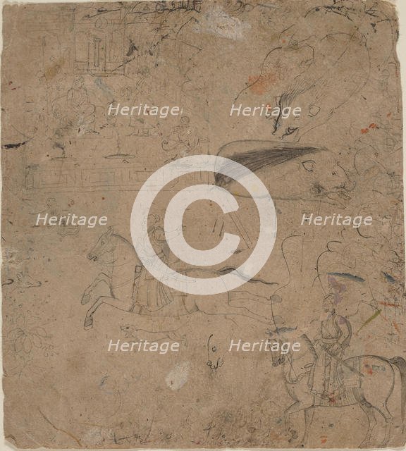 Page from a Sketchbook Showing Rulers on Horseback, Boars, and a Palace Scene, late 18th century. Creators: Pandit Seu, Manaku.