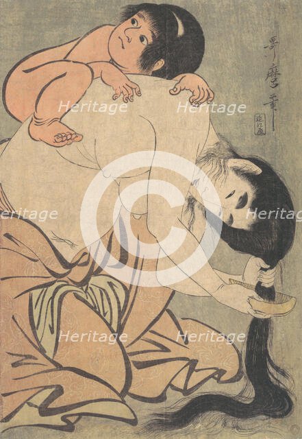 Yamauba Combing Her Hair, and Kintoki, ca. 1801. Creator: Kitagawa Utamaro.