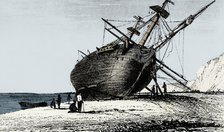 HMS 'Beagle' laid ashore, Rio Santa Cruz, Patagonia, South America, 1834 (1839). Artist: Unknown.