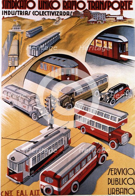 Poster advertising the urban public services, published by CNT and FAI during the years of the Se…