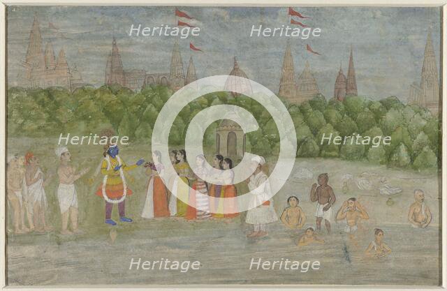 On the banks of the Yamuna in Brindaban, Krishna dances with the Gopis, 1800-1825. Creator: Anon.