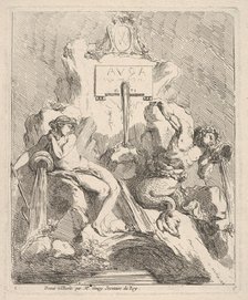 Design for a fountain with a seated nymph at left and triton holding a shell to his mouth ..., 1768. Creator: Charles Hutin.