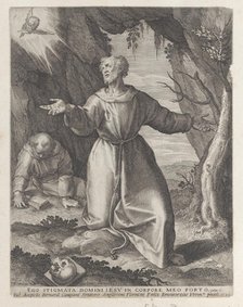Saint Francis kneeling with his arms outstretched, looking towards a cherub at upper left,..., 1599. Creator: Raphael Sadeler.