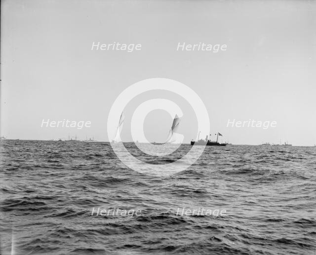 Columbia and Shamrock I, ready for the start, Oct. 7, '99, 1899 Oct 7. Creator: Unknown.