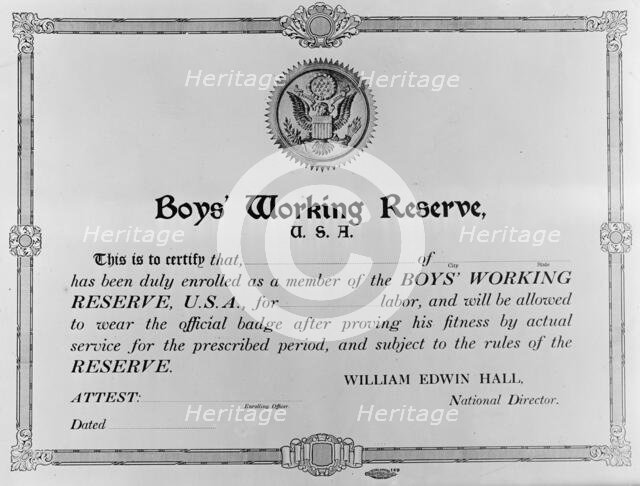 Boys Working Reserve, U.S.A. Certificate, 1917. Creator: Harris & Ewing.