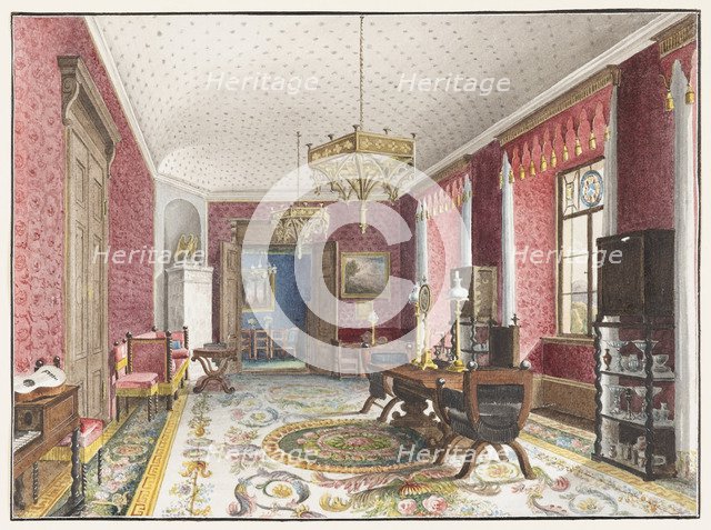 The Red Room, Schloss Fischbach, c. 1846. Artist: Klose, Friedrich Wilhelm (1804-1863)