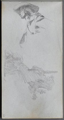 Sketchbook, page 27: Detail Study for " On a Terrace" and Landscape Study. Creator: Ernest Meissonier (French, 1815-1891).
