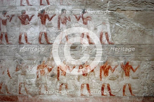 Offering bearers, polychrome relief, Mastaba of Kagemni, Saqqara, Egypt, 2350 BC (2003). Creator: Unknown.
