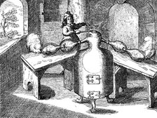 Distillation of nitric acid (Aqua fortis or parting acid) in an 'iron man with two noses', 1689. Artist: Unknown