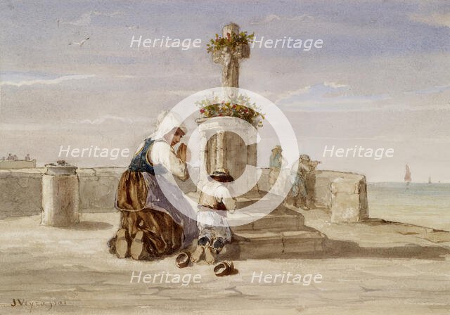 Woman and Child Kneeling Before a Cross, c1865. Creator: Jules Jacques Veyrassat.