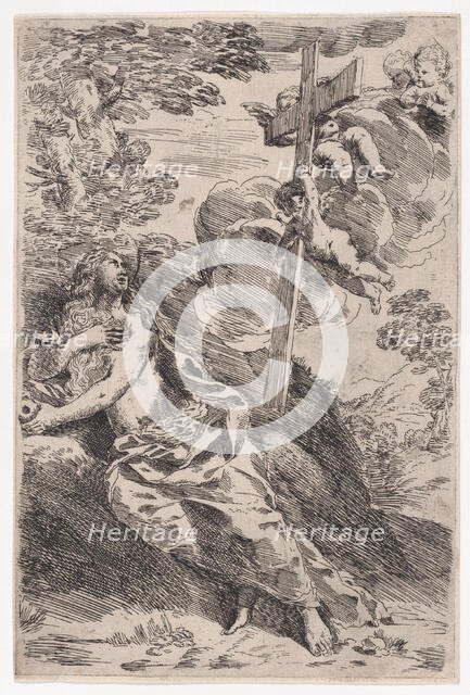 Mary Magdalene in the desert, a cross borne by angels at the right, ca. 1630. Creator: Pietro Testa.