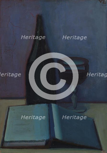 Still Life with a Book, a Glass and a Bottle, 1927. Creator: Vilhelm Lundstrom.