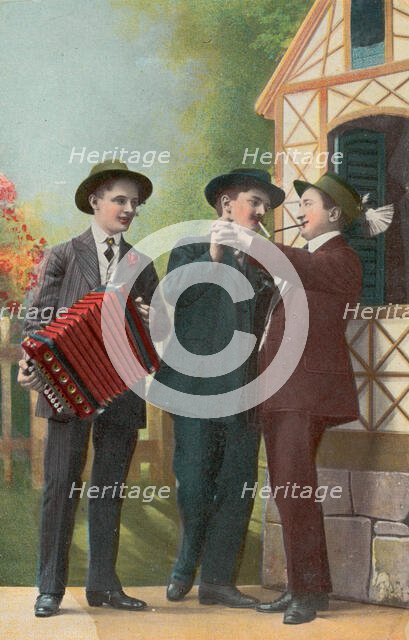 Two Dutch men dancing together, accompanied by an accordionist, (between 1900 and 1909?). Creator: Unknown.